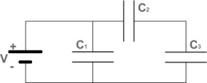 <strong>FIGURE 24-3 Three capacitors C<sub>1</sub>, C<sub>2</sub>, and C<sub>3</sub> are connected to a battery as shown in Fig. 24-3. The three capacitors have equal capacitances. Which capacitor stores the most potential energy?</strong> A)C<sub>3</sub> B)C<sub>2</sub> C)C<sub>1</sub> D)C<sub>2</sub> or C<sub>3</sub>. They store the same amount of energy E)All three capacitors store the same amount of energy.