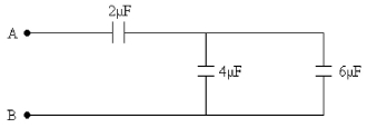 <strong>FIGURE 24-6 Three capacitors are connected as shown in Fig. 24-6. What is the equivalent capacitance between points A and B?</strong> A)1.7 μF B)4.0 μC C)7.1 μF D)12 μF E)8.0 μF