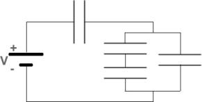 <strong>FIGURE 24-7 What is the equivalent capacitance of the capacitor network shown in Fig. 24-7? (All the capacitors have a capacitance C = 5 μF. The voltage of the battery is V = 6V.)</strong> A)20 μF B)3 μF C)10 μF D)5 μF E)1 μF