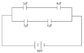 <strong>FIGURE 24-8 A system of capacitors is connected across a 90 V DC voltage source as shown in Fig. 24-8. What is the equivalent capacitance of this system?</strong> A)1.5 μF B)15 μF C)3.6 μF D)3.3 μF E)None of the other answers is correct.