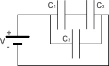 <strong>FIGURE 24-10 Fig. 24-10 shows three capacitors connected to a battery of voltage V = 6 V. The charges on the capacitors are known to be Q = 24 μC for C<sub>1</sub> and C<sub>2</sub>, and Q<sub>3</sub> = 96 μC for C<sub>3</sub>. What are the values of the capacitances C<sub>1</sub>, C<sub>2</sub>, and C<sub>3</sub>?</strong> A)C<sub>1</sub> = 8 μF, C<sub>2</sub> = 16 μF, C<sub>3</sub> = 24 μF B)C<sub>1</sub> = 6 μF, C<sub>2</sub> = 12 μF, C<sub>3</sub> = 16 μF C)C<sub>1</sub> = 10 μF, C<sub>2</sub> = 20 μF, C<sub>3</sub> = 30 μF D)C<sub>1</sub> = 21 μF, C<sub>2</sub> = 7 μF, C<sub>3</sub> = 3 μF E)C<sub>1</sub> = 5 μF, C<sub>2</sub> = 14 μF, C<sub>3</sub> = 18 μF