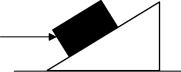 <strong>FIGURE 5-5 A 4.00-kg block is sliding up the plane on a 30.0 degree incline as shown in Fig. 5-5. If the coefficient of kinetic friction between the block and the incline is 0.700, what will be the acceleration of the block if a 50.0-N horizontal force pushes on the block?</strong> A)4.40 m/s<sup>2</sup> down the incline B)12.5 m/s<sup>2</sup> up the incline C)0.107 m/s<sup>2</sup> down the incline D)10.8 m/s<sup>2</sup> up the incline E)3.88 m/s<sup>2</sup> up the incline