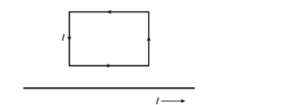 <strong>Choose the one alternative that best completes the statement or answers the question. A long straight wire has a constant current flowing to the right. A rectangular metal loop is situated above the wire, and also has a constant current flowing through it, as shown in the figure. Which one of the following statements is true? </strong> A) The net magnetic force on the rectangle is downward, and the net torque on it is zero. B) The net magnetic force on the rectangle is zero, and the net torque on it is zero. C) The net magnetic force on the rectangle is downward, and there is also a nonzero torque on the rectangle. D) The net magnetic force on the rectangle is zero, but there is a nonzero torque on the rectangle. E) The net magnetic force on the rectangle is upward, and there is also a nonzero torque on the rectangle.