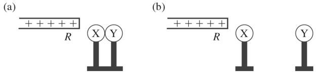 <strong>Write the word or phrase that best completes each statement or answers the question. X and Y are two initially uncharged metal spheres on insulating stands, and they are in contact with each other. A positively charged rod R is brought close to X as shown in part (a) of the figure. Sphere Y is now moved away from X , as shown in part (b). What are the final charge states of X and Y ?</strong> A) X is neutral and Y is positive. B) X is positive and Y is neutral. C) Both X and Y are negative. D) X is negative and Y is positive. E) Both X and Y are neutral.