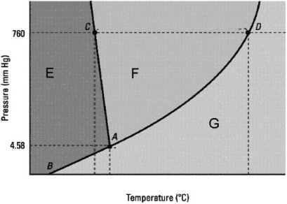 <strong>Which statement about the phase diagram below is not correct? </strong> A) The critical point is not shown. B) D is the normal boiling point. C) The vapor pressure of the solid is zero below the triple point. D) The normal melting point is at a lower temperature than the triple point. E) E, F, and G label in that order the solid, liquid, and gas phases.