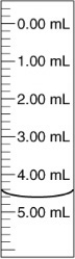 <strong>A buret (shown below) was used to add dilute hydrochloric acid (HCl) to a solution containing sodium hydroxide (NaOH). If the buret initially was read as 0.00 mL, how much HCl has been delivered according to the reading in the figure? </strong> A) 5.4 mL B) 5.40 mL C) 4.60 mL D) 4.3 mL E) 4.30 mL