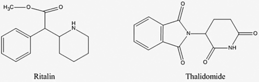 Ritalin is used to control attention deficit hyperactivity. Thalidomide was used in the 1950s to treat morning sickness. One enantiomer of thalidomide was found to produce birth defects. How many chiral centers are there together in these two molecules? Note hydrogen atoms attached to carbon are implicit.