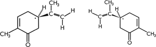 This diagram shows the structure of two different spices: spearmint and caraway. Why do these molecules have different properties?