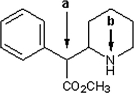 Identify the local molecular geometry and hybridization at atoms a and b in Ritalin, shown below, which is a drug used to treat attention deficit hyperactivity disorder. In the line drawing, the hydrogen atoms bonded to carbon are not shown explicitly.