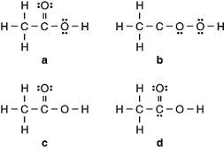 <strong>Vinegar is a solution of acetic acid (C<sub>2</sub>H<sub>4</sub>O<sub>2</sub>) and water. Which of the following is the Lewis structure for acetic acid? </strong> A) a B) b C) c D) d