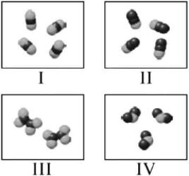 <strong>Which molecules shown below have the same mass percent composition? </strong> A) II, III, IV are the same. B) Only II and III are the same. C) Only I and III are the same. D) I, II, and III are the same. E) I & III are the same, and II & IV are the same.
