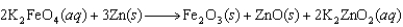 <strong>The following reaction occurs in a new battery called the super iron battery. In this reaction, ________ is oxidized. </strong> A)Fe in K<sub>2</sub>FeO<sub>4</sub> B)Zn metal C)Fe in Fe<sub>2</sub>O<sub>3</sub> D)Zn in ZnO E)Zn in K<sub>2</sub>ZnO<sub>2</sub>