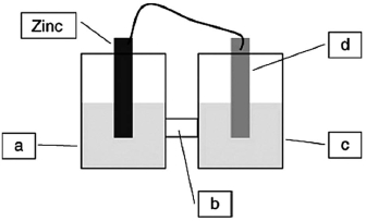 <strong>A voltaic cell is constructed based on the oxidation of zinc metal and the reduction of silver cations. Solutions of silver nitrate and zinc nitrate also were used. Locate the silver nitrate on the diagram. </strong> A)a B)b C)c D)d
