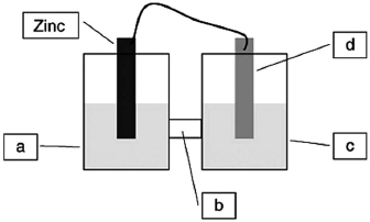 <strong>A voltaic cell is constructed based on the oxidation of zinc metal and the reduction of silver cations. Solutions of silver nitrate and zinc nitrate also were used. Locate the zinc nitrate on the diagram. </strong> A)a B)b C)c D)d