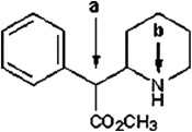 Identify the local molecular geometry and hybridization at atoms a and b in Ritalin, shown below, which is a drug used to treat attention deficit hyperactivity disorder. In the line drawing, the hydrogen atoms bonded to carbon are not shown explicitly.