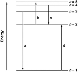 <strong>Which of the transitions in the following hydrogen atom energy-level diagram involves the shortest wavelength photon? </strong> A)a B)b C)c D)d