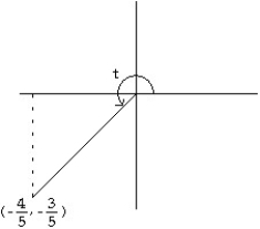 Give the values of sin t and cos t, where t is the radian measure of the angle shown. Enter your answer as a, b (unlabeled) where a represents sin t and b represents cos t.