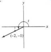 Give the values of tan t and sec t where t is the radian measure of the angle shown. Enter just a , b where a represents tan t and b represents sec t, fractions and quotients reduced of form \frac { \mathrm { c } } { \mathrm { d } } or \frac { \sqrt { f } } { g } (no labels and no approximations).