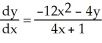 Use implicit differentiation to determine where 4 + 4xy + y = 8. Is correct?