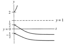 Below is a sketch of f(x) = (x - 1) e ^ { x } . On a ty-coordinate system, sketch the solutions to the differential equation y ^ { \prime } = ( y - 1 ) e y corresponding to the initial conditions y ( 0 ) = 2 , y ( 0 ) = \frac { 1 } { 2 } , and y ( 0 ) = - \frac { 1 } { 2 } . Does the following graph represent this situation?