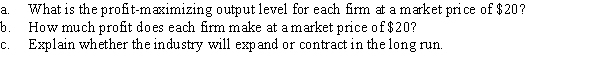Suppose that there are 1,000 firms in a perfectly competitive industry, each with a short-run total cost curve given by TC = 800 + 8Q + 0.1Q<sup>2</sup> and marginal cost curve given by MC = 8 + 0.2Q.