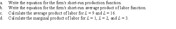 The production function for laser eye surgery is given by Q = 20K<sup>0.5</sup>L<sup>0.5</sup>, where Q is the number of laser eye surgeries performed per day, K is the number of eye surgery machines (which is fixed at 2 in the short run), and L is the number of employees.
