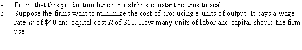 Consider the production function Q = (0.5K<sup>1/3</sup> + 0.5L<sup>1/3</sup>)<sup>3</sup> with a corresponding MRTS = K<sup>2/3</sup>/L<sup>2/3</sup>.