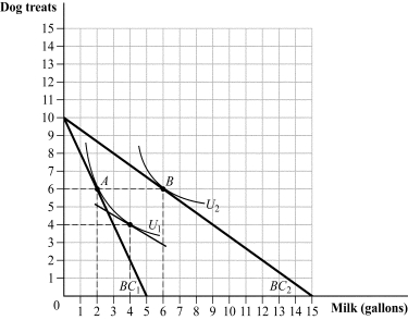 <strong>Use the following to answer question: Figure 5.10 (Figure 5.10) When the price of milk drops, the income effect _____ the quantity of milk consumed from _____.</strong> A) increases; 2 to 6 gallons B) increases; 4 to 6 gallons C) decreases; 6 to 2 gallons D) increases; 2 to 4 gallons