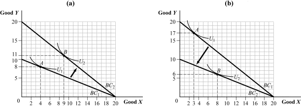 <strong>Use the following to answer question: Figure 5.20 (Figure 5.20) The cross-price elasticity of demand for good X with respect to good Y is _____ in panel (a) and _____ in panel (b).</strong> A) zero; negative B) negative; positive C) positive; negative D) negative infinity; positive