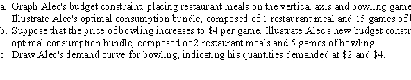 Alec has $40 weekly to spend on restaurant meals (priced at $10 per meal) and bowling (priced at $2 per game).