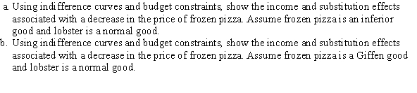 Suppose a consumer spends her income on lobster and frozen pizza. Assume that the consumer has an income of $60, the price of lobster is $6, and the price of frozen pizza is $6.