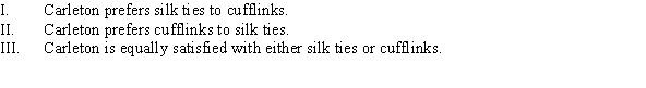 <strong>Carleton is presented with two bundles of goods: silk ties and cufflinks. Which of the following statements satisfies the assumption of rankability? </strong> A) I B) II C) I or II D) I, II, and III