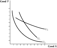 <strong>Use the following to answer question: Figure 4.11 (Figure 4.11) The indifference curve _____ indicates that the two goods, X and Y, are relatively poor substitutes for one another, whereas the indifference curve _____ indicates that the two goods are close substitutes for one another.</strong> A) U<sub>1</sub>; U<sub>3</sub> B) U<sub>3</sub>; U<sub>2</sub> C) U<sub>2</sub>; U<sub>1</sub> D) U<sub>3</sub>; U<sub>1</sub>