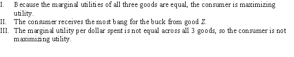 <strong>A consumer spends his limited income on three goods such that the MU<sub>X</sub> = 4, MU<sub>Y</sub> = 4, MU<sub>Z</sub> = 4; and P<sub>X</sub> = 4, P<sub>Y</sub> = 2, P<sub>Z</sub> = 1. Which of the following statements is (are) TRUE? </strong> A) I B) II C) III D) II and III