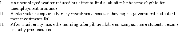 <strong>Which of the following is (are) examples of moral hazard? </strong> A) I, II, and III B) I C) II D) I and II