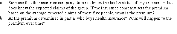 Use the following to answer question: Table 16.2 (Table 16.2) Five people vary in health status. Each person knows his or her own health status and expected medical bills, which are given in the table. These people are considering buying health insurance. Assume that each person is equally likely to file a claim.