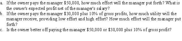 Use the following to answer question: Table 16.3 (Table 16.3) You are the owner of a bowling alley, and you need to hire a manager to operate the facility. Because you live far from the bowling alley, you will not be able to keep an eye on the manager's effort. Your profit depends on the state of the economy and the manager's effort. A manager's utility depends on his salary and effort level, summarized as follows. Utility with low effort: U = salary Utility with high effort: U = salary - 8,000