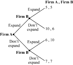 <strong>Use the following to answer question: Figure 12.2 (Figure 12.2) Two firms are considering whether to expand their production capacity. Which of the following statements is TRUE?</strong> A) The outcome is (10 , 6) or (6 , 10). B) There is no first-mover advantage. C) Neither firm expands its production capacity. D) There is a first-mover advantage.
