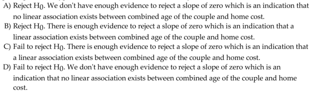 Use the following information to answer the question. A random sample of 30 couples who were also new home owners were asked to report the cost of their first house and their combined age when they married. The output of a regression analysis for predicting home cost from combined age is shown. Assume that the conditions of the linear regression model are satisfied. Test the hypothesis that the slope is zero (significance level is 0.05), then choose the correct decision regarding the null hypothesis and the statement that correctly summarizes the conclusion.
