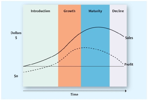 A graph representing the product life cycle -The stage in a product life cycle in which innovators are the main consumers is called the: