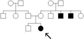 <strong>In the following pedigree,the shaded symbols represent a rare X-linked disease of the blood.The propositus has 45 chromosomes and is sterile.Propose a single mechanism to account for both the sterility and the blood disease in this female. </strong> A)The woman's father was a carrier for the disease on his X chromosome. B)The woman is likely demonstrating a case of Turner syndrome. C)The woman is likely demonstrating a case of Down syndrome. D)The woman's mother's eggs likely experienced a nondisjunction event.