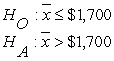 The state insurance commissioner believes that the mean automobile insurance claim filed in her state exceeds $1,700.To test this claim,the agency has selected a random sample of 20 claims and found a sample mean equal to $1,733 and a sample standard deviation equal to $400.They plan to conduct the test using a 0.05 significance level.Given this,the appropriate null and alternative hypotheses are .