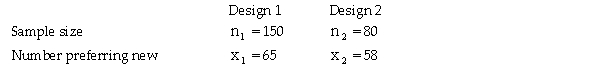 A major manufacturer of home electronics is interested in determining whether customers have a preference between two new speaker designs for their home entertainment centers.To test this,the design department manager has selected a random sample of customers and shown them the first design.A second sample of customers is shown design 2.The manager then asks each customer whether they prefer the new design they were shown over the one they currently own.The following results were observed: Based on these data and a significance level equal to 0.05,the appropriate null and alternative hypotheses are: