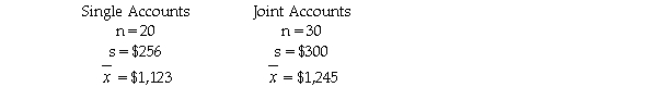 There is interest at the American Savings and Loan as to whether there is a difference between average daily balances in checking accounts that are joint accounts (two or more members per account)versus single accounts (one member per account).To test this,a random sample of checking accounts was selected with the following results: Based upon these data,the test statistic for testing whether the two populations have equal variances is F=1.3733.