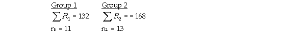 Assume that you are conducting a Mann-Whitney U test and have found the following after ranking the data for the two groups: Then the U<sub>1</sub> statistic is 77.