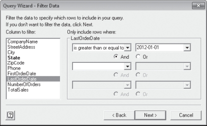 Robert has imported some data from Access and is using the Query Wizard to filter the data. Please refer to the above figure when answering the questions below. -If Robert wanted to find all records with the value IL in the State field, he would click State in the Column to filter list box, click the State list arrow, and then click ____. Click the list arrow for the second list box, and then select IL.
