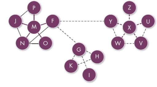 <strong>Based on the network diagram, which of the following is a weak tie to M? </strong> A) O B) P C) F D) Y