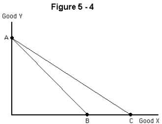 <strong> Suppose that a consumer's original budget line was AC in Figure 6-4,but it has now changed to line AB.Which of the following must have occurred?</strong> A) The price of good X must have risen. B) The price of good Y must have risen. C) The price of good Y must have fallen. D) The price of good X must have fallen. E) The consumer's income must have risen.