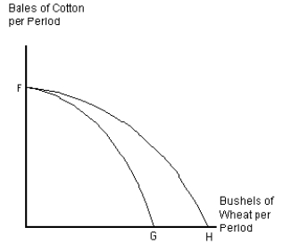 <strong>Figure 2-8 Assume that U.S.agricultural land is used either to raise cotton for clothing or to grow wheat.Curve FG in Figure 2-8 represents the current production possibilities frontier for cotton and wheat.What could cause the production possibilities frontier to shift from FG to FH?</strong> A) a change in government subsidies that favors wheat production over cotton production B) development of a new fertilizer that improves production of wheat,but has no impact on cotton production C) development of a new fertilizer that improves production of cotton,but has no impact on wheat production D) newly reclaimed swampland that is equally suited to growing either crop E) newly reclaimed swampland that can be used to grow either crop,but is better suited to growing wheat