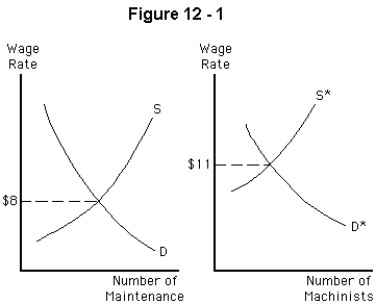 <strong> Consider an economy in which all labor markets are perfectly competitive,all workers are equally able to do any job,and the nonwage attributes of all jobs are equally attractive to all workers.Figure 12-1 shows supply and demand curves in the labor markets for maintenance workers and machinists.In the long run,the hourly wage rate(s)</strong> A)for machinists will fall to $8 B)for maintenance workers will rise to $11 C)will equalize below $8 in both markets D)will equalize between $8 and $11 in both markets E)will equalize above $11 in both markets
